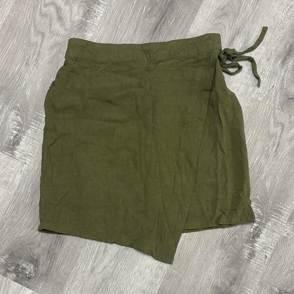 meraki Olive Green Asymmetrical Wrap Skirt